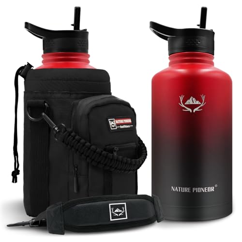 Image of NATURE PIONEOR 64 oz Insulated Water Bottle with Carrier Bag & 3 Lids