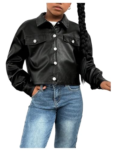 Verdusa Girl's Button Front PU Leather Jacket Streetwear Collared Short Outerwear