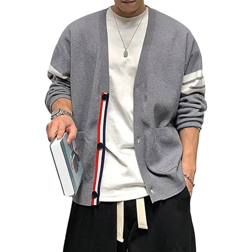 Chaqueta de punto para hombre cárdigan con cuello en V a rayas ropa de abrigo casual ligera