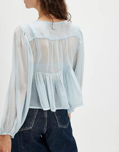 Image of Tie Front Lace Tops for Women Trendy Ruffle Trim V-Neck Chiffon Blouse Y2k Sheer Peplum Long Sleeve Button Tshirts