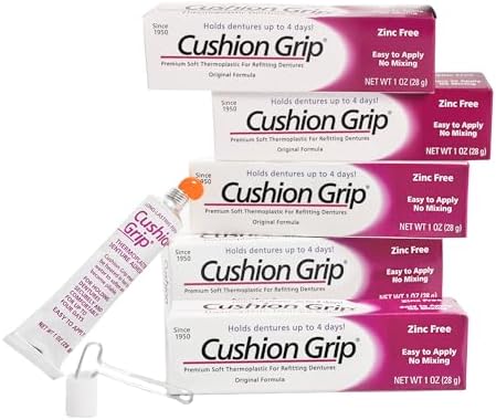 Cushion Grip Thermoplastic Denture Adhesive – Refits & Tightens Dentures, Works Like a Denture Reliner for Secure Fit & Comfort, Holds Up to 4 Days, Glue-Free, Waterproof & Zinc-Free, 1 oz (Pack of 5)