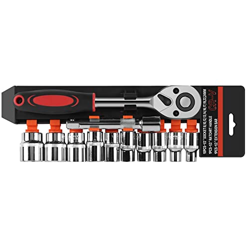 LONENESSL Metric 1/2'' Drive Socket Set, 12pcs Ratchet Wrench Tool Set, 10pcs 10-24mm Metric Driver with 5'' Extension Bar and 1/2'' Quick Release Ratchet Wrench(Plastic Frame)