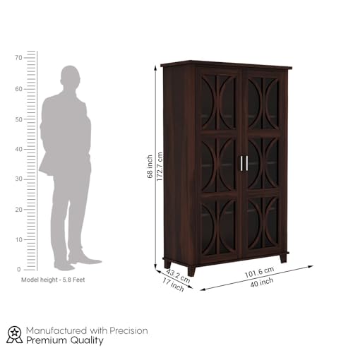 Image of Wooden Crockery Cabinets with Glass Door | Wooden Showcase Almirah | Solid Wood Book Shelf for Home Crockery Unit for Kitchen Living Room (Walnut Finish)