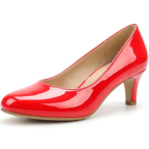 Image of Ladies Womens Low Kitten Heel Work Court Evening Girls Shoes Pumps Size 3-12 (6 UK, Red Patent)