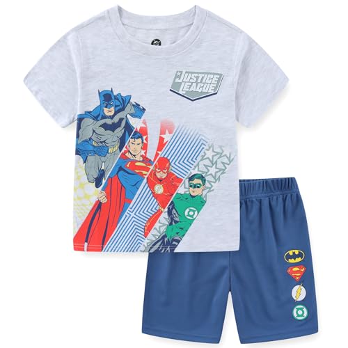 WARNER BROS Justice League Boys Short Sleeve T-Shirt and Mesh Short Set for Toddler to Big Kids, Light Grey/Blue, 2 Years
