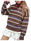 MakeMeChic Girl's Striped Sweater Collared Long Sleeve Preppy Rugby Shirt Pullover Tops Brown 13Y