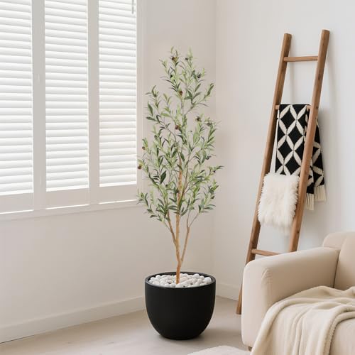 Image of Bellacat Faux Olive Tree 5ft,Olive Trees Artificial Indoor with Natural Wood Trunk and Realistic Leaves and Fruits. 5 Feet(60in) Fake Olive Tree for Home House Office Decor.