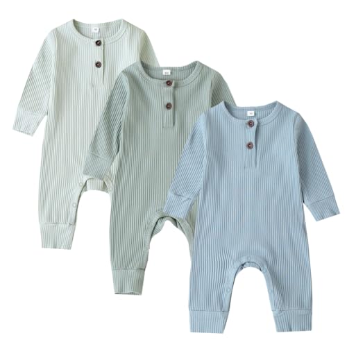 Image of Bafeicao Baby Boy Girl 2/3 Pack Solid Romper Ribbed Short/Long Sleeve Bodysuit Jumpsuit Infant Knitted Outfits Clothes