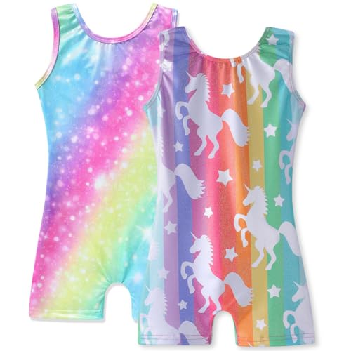 HOZIY Gymnastics Leotards for Girls with Shorts Toddlers Biketards Rainbow Unicorn Dinosaur Mermaid Leopard Flower Galaxy 2-3T A Rainbow&stipe