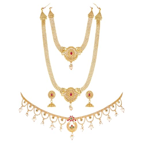 Image of Peora Gold Plated Bridal Jewellery Set with Kamarband Gift for Women Indian Traditional Ethnic Wedding