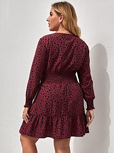 Romwe Women's Plus Size Dalmatian Long Sleeve V Neck Shirred Ruffle A Line Swing Dress Burgundy 3Xl #TOP1