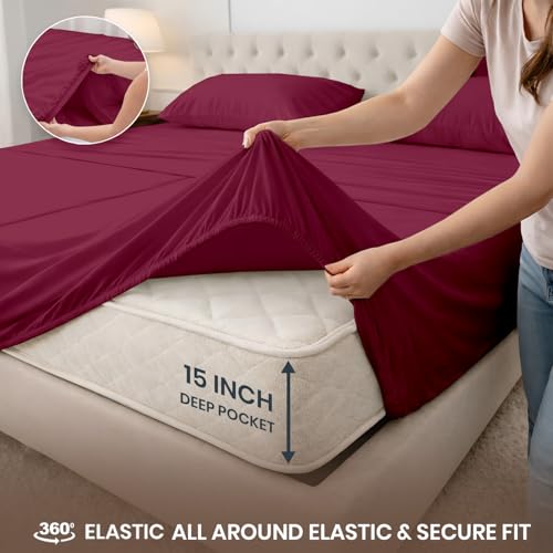 Image of SGI Split King Sheet Set for Adjustable Bed Egyptian Premium Cotton 600 Thread Count Sheets for Sleep Number Bed 15 inch Deep Pocket 5 Pc Set with 2 Twin XL Fitted Sheets Soft Breathable -Burgundy