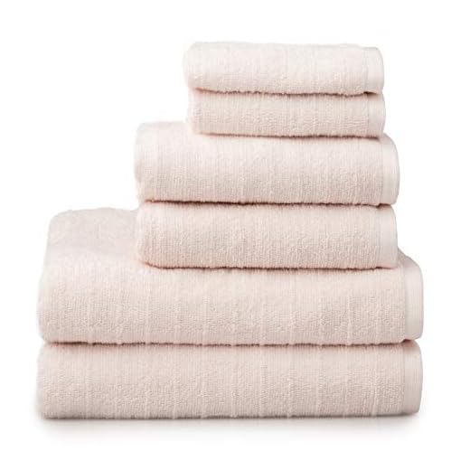 Welhome James | 2 Bath Towels 2 Hand Towels 2 Washcloths | Stripe Textured Blush Bathroom Towels | Soft & Absorbent Towels for Bathroom | Quick Dry Towels | 100% Cotton 6 Piece Towel Set