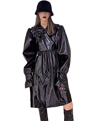 Pohullan Falda plisada para mujer, otoño e invierno, cintura alta, falda de punto de longitud media con costura de malla, paraguas de línea A, Negro, Talla única