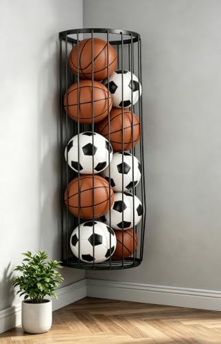 AIDILI Garage Ball Storage Rack - Wall Mounted Corner Ball Holder with Elastic Cords, Space Saving Sports Organizer for Basketball, Soccer, Football, Volleyball
