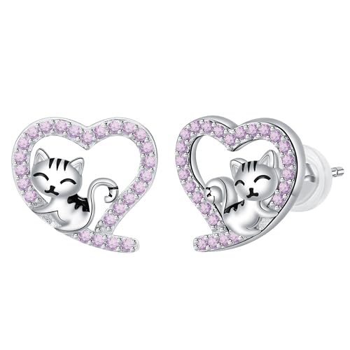 Arrebol Boucles d'oreilles Chat Argent Sterling 925 Femme Boucles d'oreilles Cœur pour Fille Femmes Amie Sœurs Original Bijoux Cadeaux