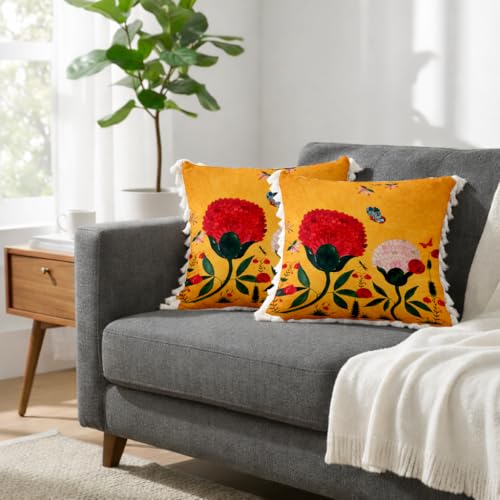 Image of STITCHNEST 'Little Meadow Series' Tassled Cushion Cover | Set of 2 | Floral Cushion Cover 16 inch x 16 inch