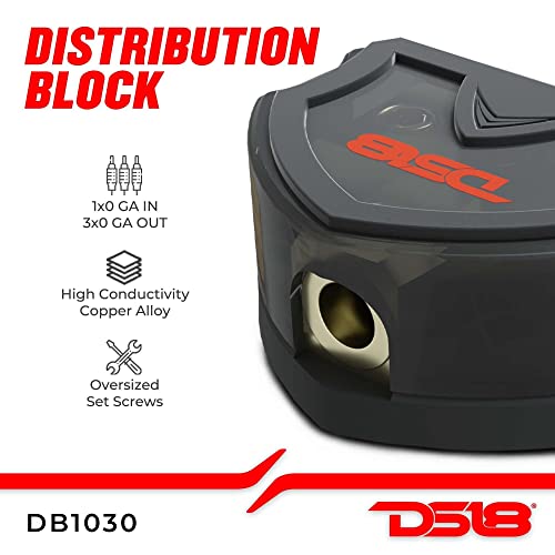 Image of DS18 DB1030 Distribution Ground Block - 1 x 0GA in / 3 x 0GA Out, Nickle Plated Internal Materials, High-Strength Heat Resistant Plastic Housing, Oversized Screws for Secure Connections (1 in 3 Out)