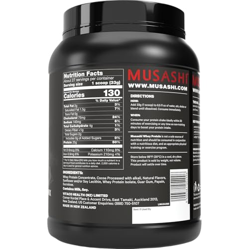 Image of Musashi Whey Protein Powder, Chocolate, 900g (1.98 lb), WPC & WPI Blend, 25g Protein, 130 Calories per Serving