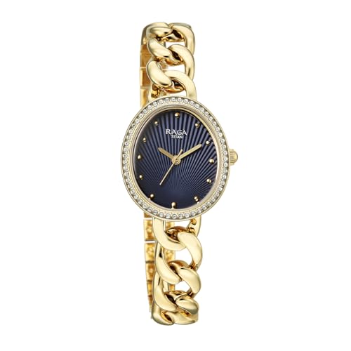 Image of Titan Raga Spotlight with Quartz Analog Blue Dial Gold Brass Strap Watch for Women - 95429YM01