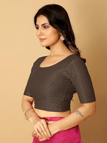 Image of Amazon Brand - Anarva Round Neck Dobby Cotton Lycra Stretchable Elbow Half Sleeve Readymade Saree Blouse for Women Stylish