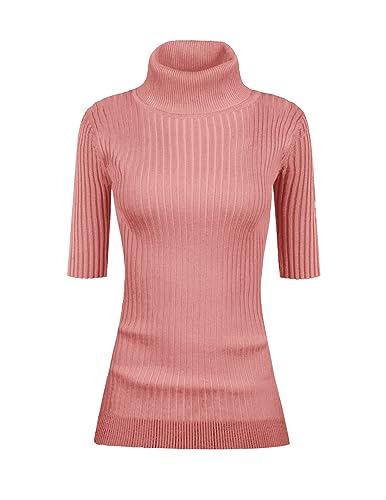 Image of v28 Women Turtleneck 1 /2 Half Sleeve Highly Stretchy Ribbed Knit Fitted Sweater