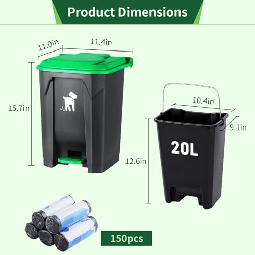 Image of Dog Poop Trash Can Outside, 20L Pet Waste Container with Removable Inner Waste Bin, 150 Waste Bags, Outdoor Pet Poop Trash Bin for Small /Large Dog Families