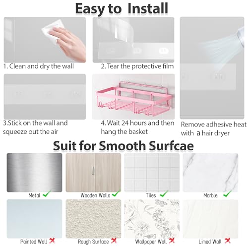 5 Pack Shower Caddy Organizer Rack Shelf for Inside Shower, Adhesive Bathroom Wall Storage Basket Rustproof Stainless Steel Shampoo Holder, Girly Bathroom Accessory Decor Set, Pink