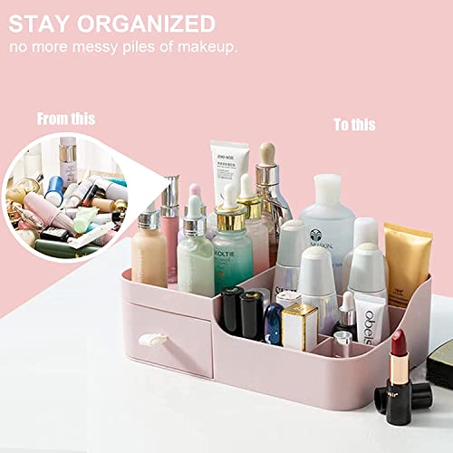 Image of Amazon Brand - Umi 1 Pc Makeup Organiser Cosmetic Storage Box with Drawer Plastic Case Holder for Home, Dressing Table, Cosmetic, Lipstick, Nail Polish, Brushes, Skincare, Lotions, Perfumes (Pink)