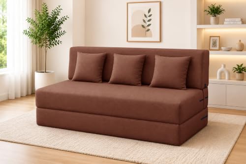 Image of Los Angeles Foldable 3 Seater Sofa Cum Bed, Sofa Bed 5X6 Feet Jute Fabric Washable Cover- Including Cushion Perfect for Living Room - Brown