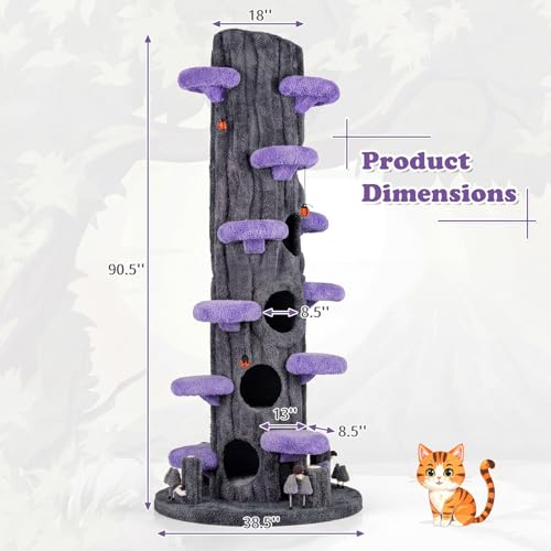 Image of PETSITE 90.5-inch Tall Cat Tree, Tree-Like Modern Cat Tower with Sisal Scratching Pad, Five Cat Condos, Cute Hanging and Spring Toys, Large Cat Tree Tower for Indoor Cats (Purple)