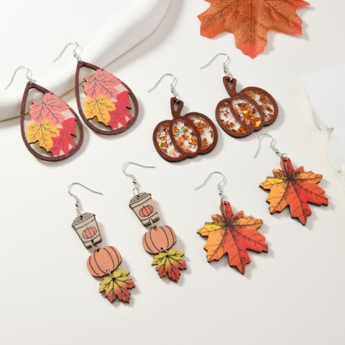 4 Pairs Fall Thanksgiving Earrings Set - Wooden Pumpkin Maple Leaf Shaped Coffee Mugs Thanksgiving Day Fun Drop Dangle Earrings - Holiday Jewelry4