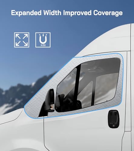 Image of Windshield Cover for Ford Transit 2015-2026 Motorhome,Van, Front Window Sunshade, Class B Oxford Front Cover for UV Protection & Privacy Shield, Sliver with Mirror Cutouts