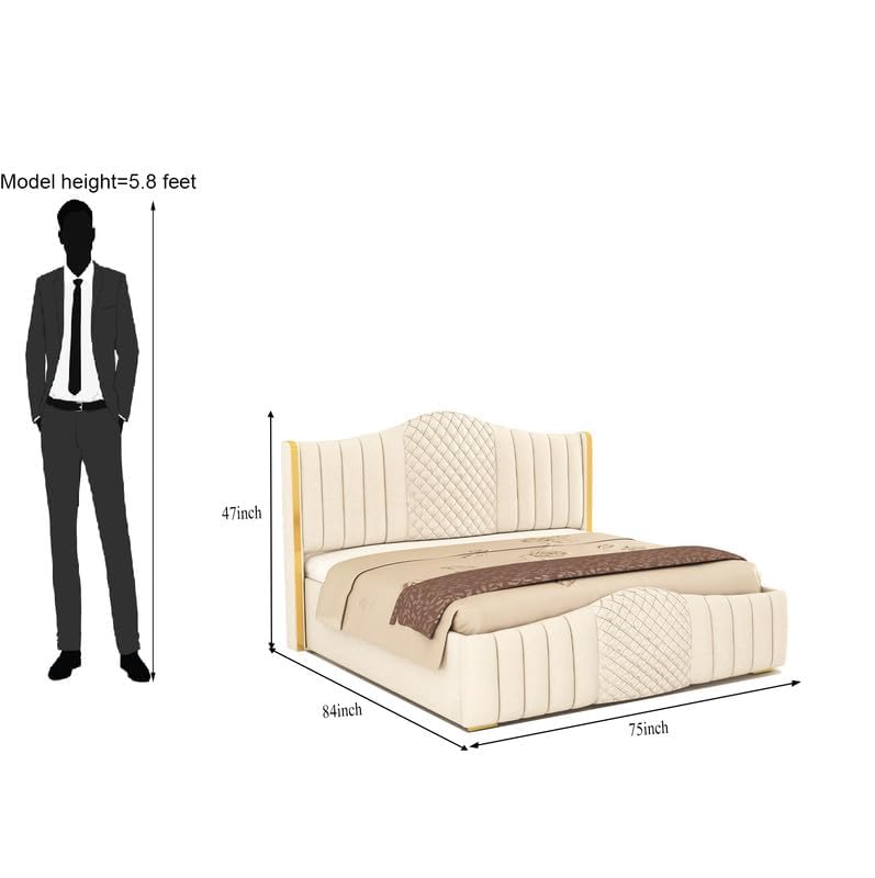 Image of King Size Modern Upholstered Bed with Box Storage for Bedroom | Solid Wood Platform Bed with Premium Fabric Headboard | Storage Double Bed for Master Bedroom & Modern Home Decor | Beige