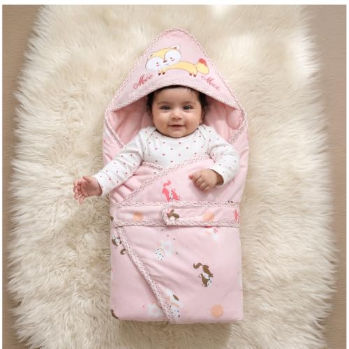 Image of Mee Mee 3-in-1 Baby Wrapper & Carry Nest for Newborns | Soft Breathable Cotton Swaddle with Hood and Cushion | Adjustable Tie-Up Design | Lightweight, Cozy & Easy to Carry (0-6 Months) (Pink)