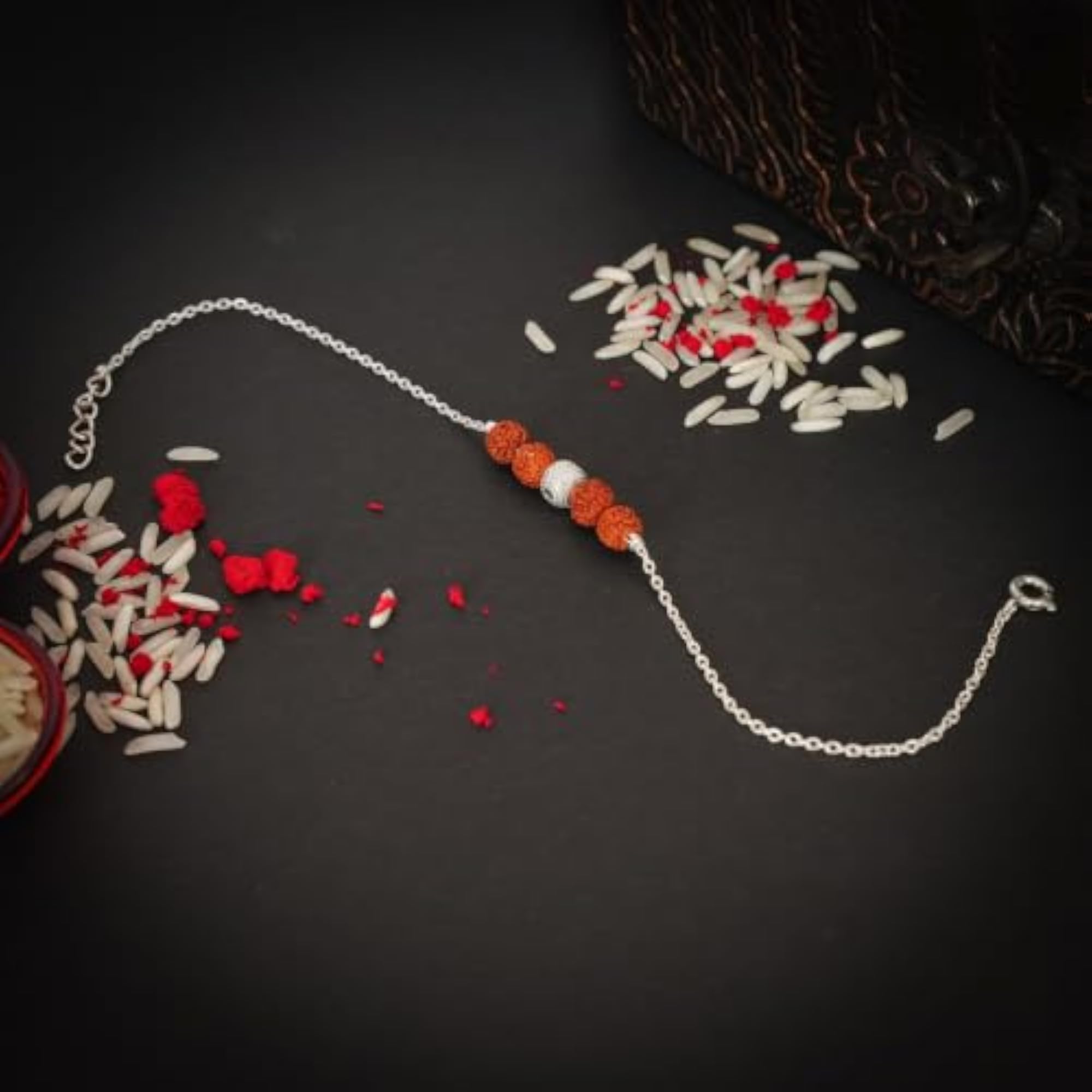 92.5 Sterling Silver Rudraksha Rakhi Bracelet with Studded Center Bead