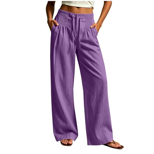 UHBYGV Womens Fashion Pants Wide Leg Cotton Pants Drawstring Elastic Waist Casual Loose Slacks Work Trousers with Pockets Purple