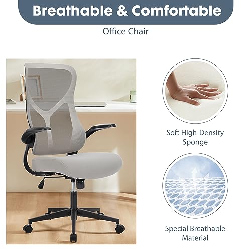 Image of DUMOS Home Office Desk Chair - Ergonomic High Back Mesh Computer Task Chair with Comfy Flip-up Armrests, Swivel Adjustable Height with Wheels, Comfortable Lumbar Support, for Adults, Gery