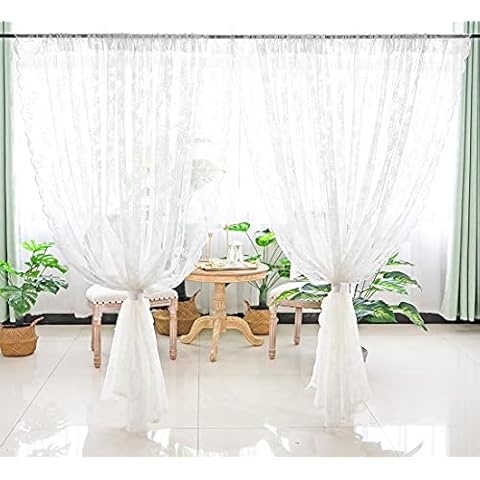 A Pair of Lace Curtains for Windows 59 Inch Drop White Sheer Curtains Patterned Voile Curtains Rod Pocket Net Curtain, Floral Curtains for Bedroom, W150cm x H150cm Cover