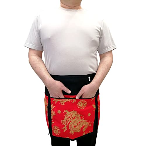 Forever 1 - Chinese Apron With 3 Pockets For Home Kitchen Restaurant Bar, Red, Cooking Aprons For Men Women Chef Waiter Waitress Server Bartender, Half Short Apron, Dragon Pattern, Unique #TOP6