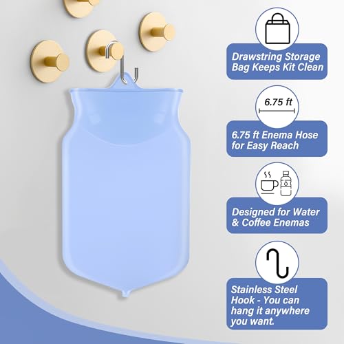 Image of TopQuaFocus Silicone Enema Bag Kit, 3L Capacity, Blue, with 6.5ft Tubing, Adjustable Clamp, Anti-Back Flow Valve, Multiple Nozzles, Storage Bag
