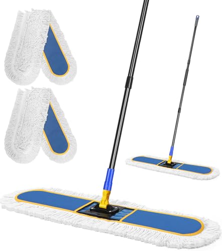 CLDREAM 24 Commercial Dust Mop for Floor Cleaning Large Industrial Dust Broom Mop with 2 Cotton Reusable Mops Head Heavy Duty 60 Long Handle Wet Dry Mops for Hardwood