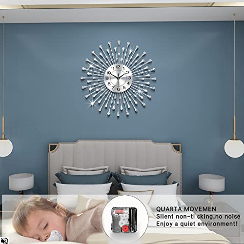 Fleble Modern Large Wall Clocks For Living Room Decor Big Silent Wall Clocks Battery Operated Quartz For Bedroom Office Kitchen House Metal 24 Inches Silver Round Clock Wall Decorative For Home Indoor #TOP3
