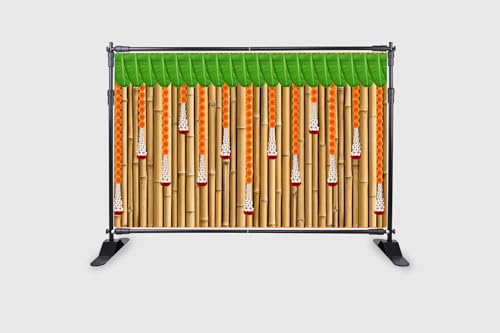 Image of Marigold Flower with Hanging Flower with Banana Leaf and Bamboo Backdrop Curtain for Decoration Backdrop Cloth Fabric-Polyester Size 5 Feet Height and 8 Feet Width(5 * 8)