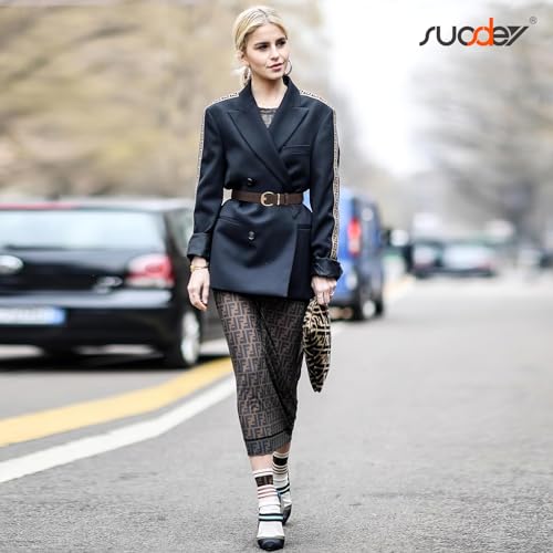 Image of SUOSDEY 2 Pack Fashion Womens Leather Belts Black Brown Ladies Belt with Gold Buckle for Jeans Pants Dresses, B-black+coffee, fits waist from 30 inch-33 inch