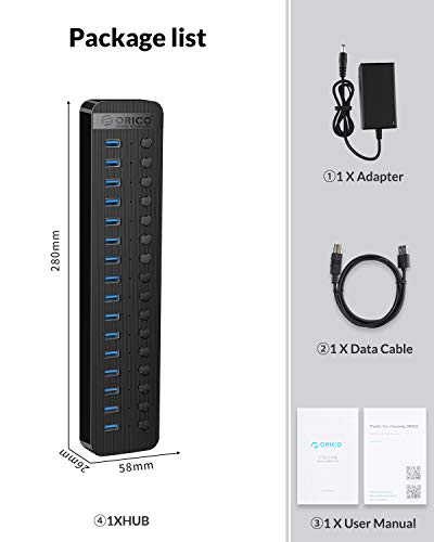 HUB USB 3.0 Attivo 16 Portes Alimentato 78W Alimentazione 12V / 6.5A con Alluminio Interruttore ON/OFF Individuale per Computer Desktop, PC, iMac, HDD Mobile, Unità Flash, Ricarica IiPad - Hub USB - Immagine 6