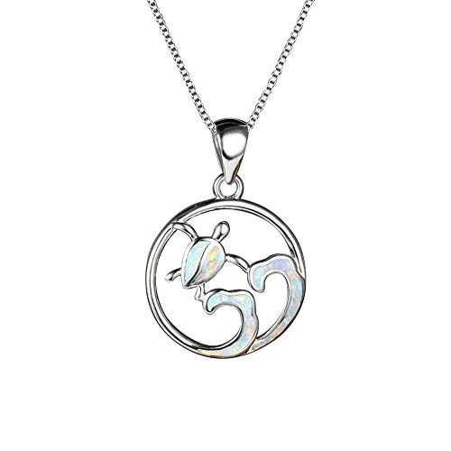 Opal Sea Turtle Necklace Beach Necklaces, Sea Turtle and Wave Necklace for Women Girls,Health and Longevity Necklace for Women,14K Rose Gold Plated White Gold Plated