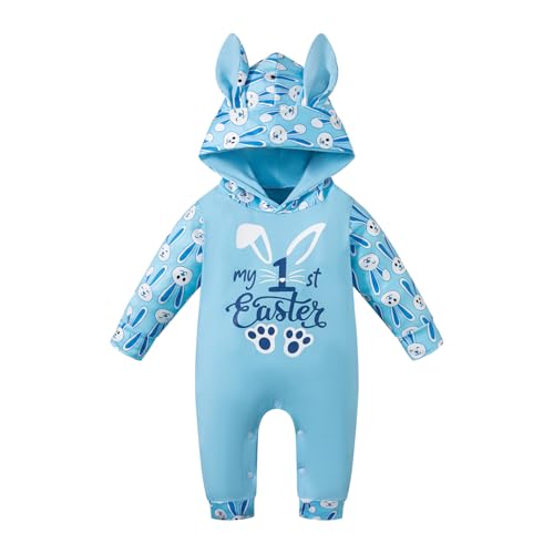 QIKUBI Baby Boys Girls My First Easter Romper Infant Bunny Hoodies Outfit Newborn Rabbit Blue Clothe Set (Blue,12-18M)