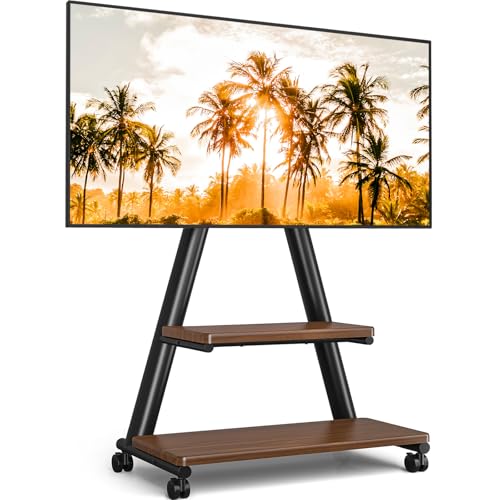 TVON Rolling TV Stand for 43-80", Portable TV Stand on Wheels with Enhanced Triangular Design up to 150lbs, Height Adjustable Mobile Cart with Swivel/Tilt/Storage Shelves for Outdoor Use, Brown