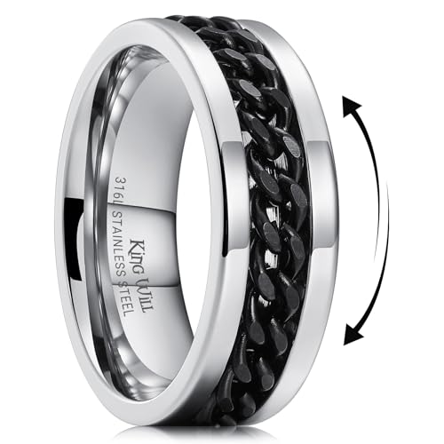 Image of King Will Black /Blue Stainless Steel 8mm Rings for Men Center Chain Spinner Ring, Size 7-14